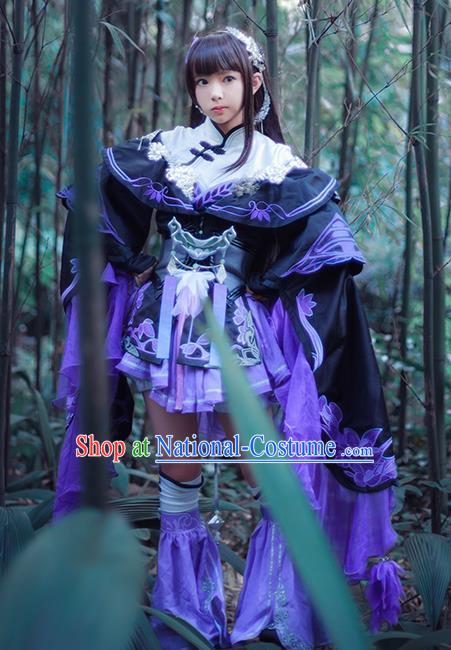 Top Grade Chinese Cosplay Costumes Ancient Young Lady Swordswoman Purple Dress for Women