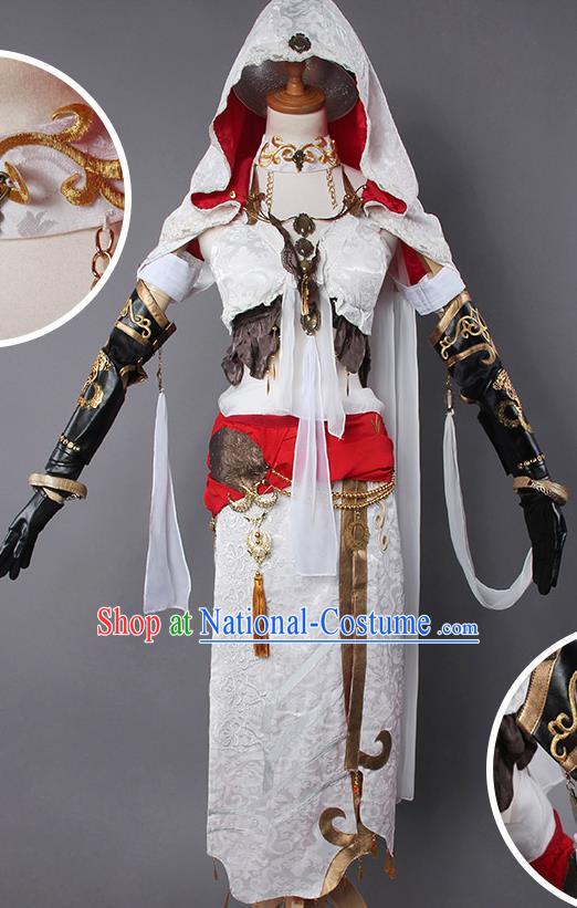 Top Grade Cosplay Warrior Costumes Chinese Ancient Female Swordsman White Dress for Women