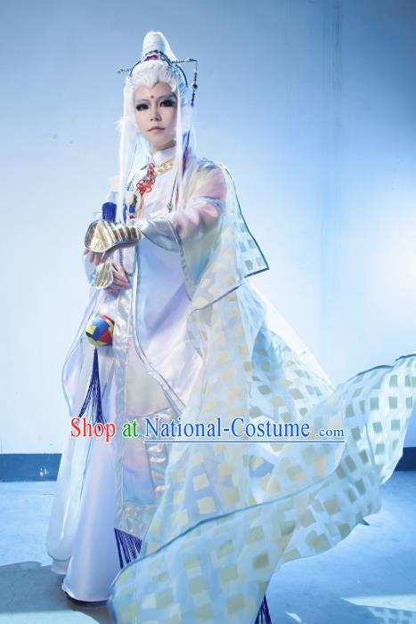 Top Grade Chinese Ancient Cosplay Taoist Priest Swordsman White Costumes for Men