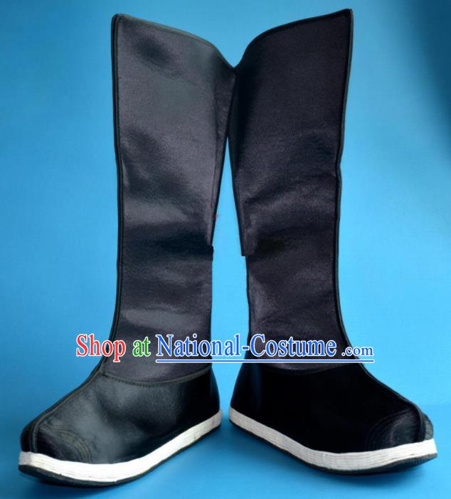 Chinese Traditional Beijing Opera Takefu Shoes Ancient Qing Dynasty Minister Black Satin Boots for Men