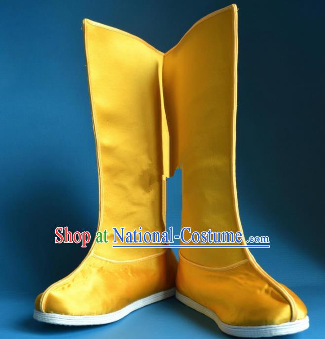 Chinese Traditional Beijing Opera Takefu Shoes Ancient Qing Dynasty Emperor Yellow Satin Boots for Men