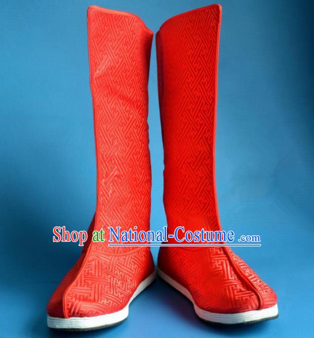 Chinese Traditional Beijing Opera Takefu Shoes Ancient Qing Dynasty Emperor Red Satin Boots for Men