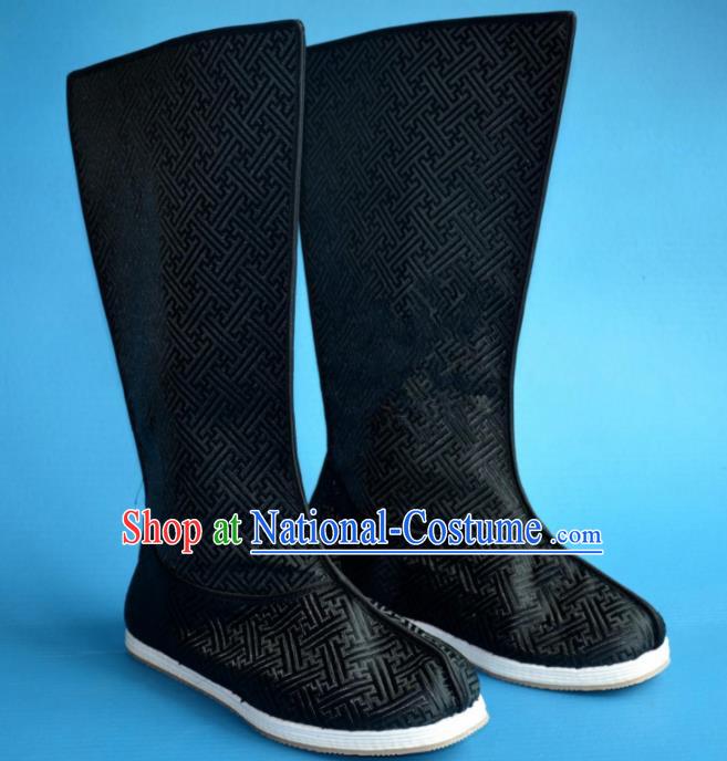 Chinese Traditional Beijing Opera Takefu Shoes Ancient Qing Dynasty Emperor Black Satin Boots for Men