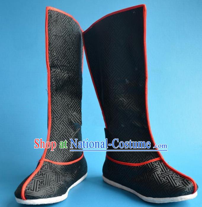 Chinese Traditional Beijing Opera Takefu Shoes Ancient Qing Dynasty Prince Black Satin Boots for Men