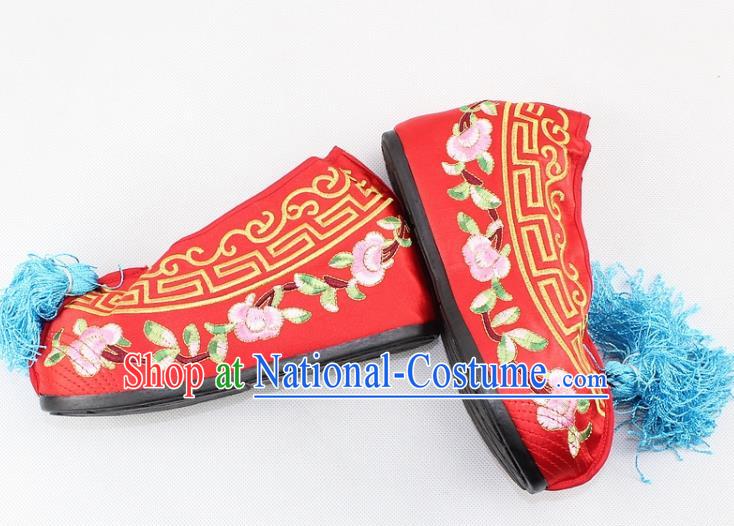 Chinese Traditional Beijing Opera Red Blood Stained Shoes Ancient Handmade Princess Embroidered Shoes for Women