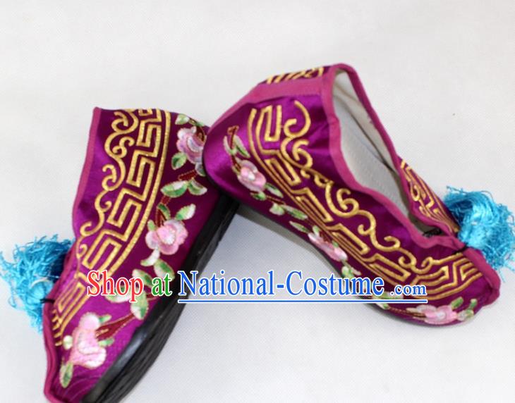 Chinese Traditional Beijing Opera Purple Blood Stained Shoes Ancient Handmade Princess Embroidered Shoes for Women