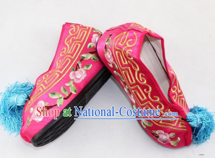 Chinese Traditional Beijing Opera Rosy Blood Stained Shoes Ancient Handmade Princess Embroidered Shoes for Women