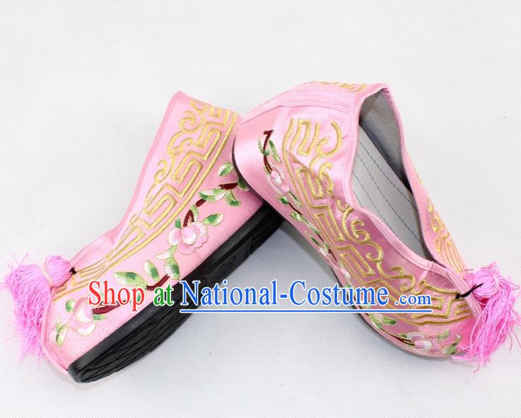 Chinese Traditional Beijing Opera Pink Blood Stained Shoes Ancient Handmade Princess Embroidered Shoes for Women