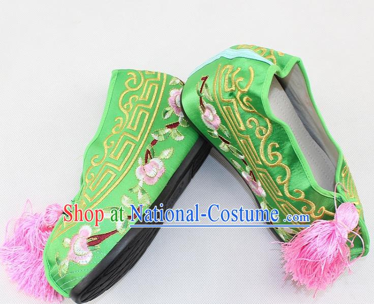 Chinese Traditional Beijing Opera Green Blood Stained Shoes Ancient Handmade Princess Embroidered Shoes for Women