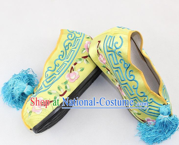 Chinese Traditional Beijing Opera Yellow Blood Stained Shoes Ancient Handmade Princess Embroidered Shoes for Women