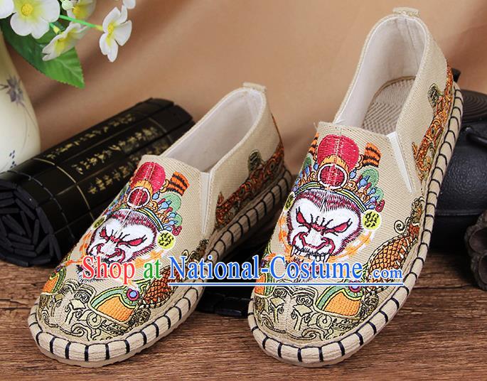 Chinese National Handmade Shoes Traditional Cloth Shoes Embroidery Monkey King Beige Shoes for Women