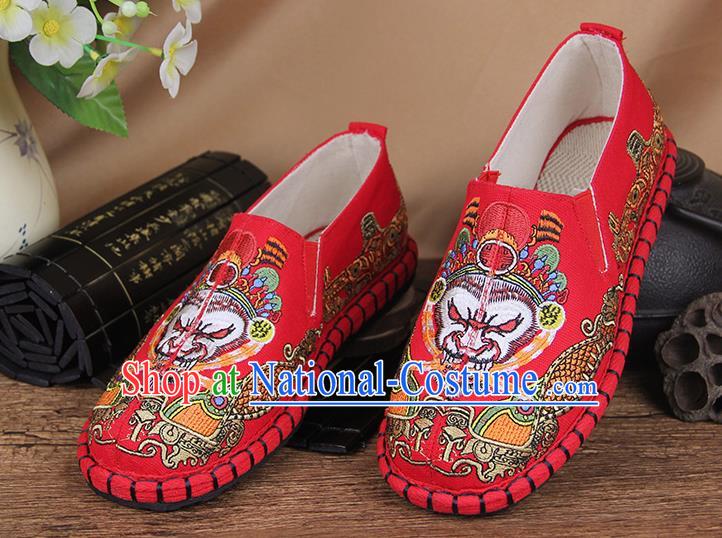 Chinese National Handmade Shoes Traditional Cloth Shoes Embroidery Monkey King Red Shoes for Women