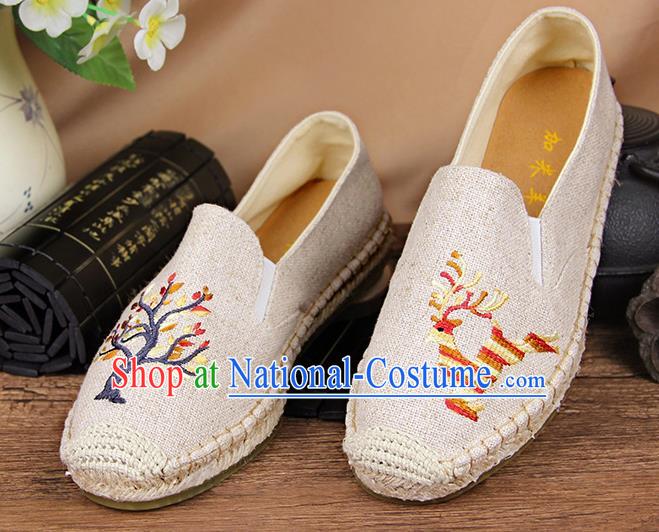 Chinese National Handmade Shoes Traditional Cloth Shoes Embroidery Deer White Shoes for Women