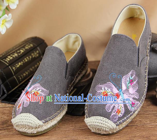 Chinese National Handmade Shoes Traditional Cloth Shoes Embroidery Butterfly Grey Shoes for Women