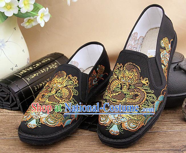 Chinese National Shoes Traditional Black Cloth Shoes Embroidery Dragon Shoes for Men