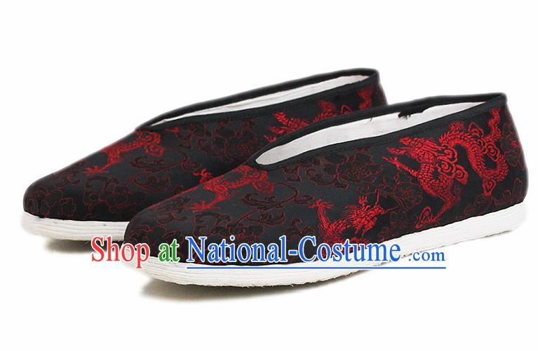 Chinese National Shoes Traditional Embroidered Dragon Cloth Shoes Black Satin Shoes for Men