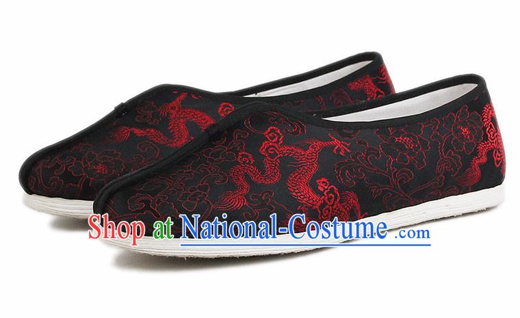 Chinese National Cloth Shoes Traditional Embroidered Dragon Shoes Black Satin Shoes for Men