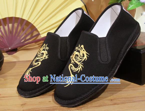 Chinese National Shoes Traditional Embroidery Dragon Martial Arts Cloth Shoes Black Shoes for Men