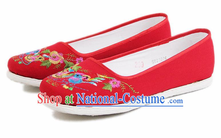 Chinese National Handmade Cloth Shoes Traditional Shoes Embroidered Mandarin Duck Red Shoes for Women