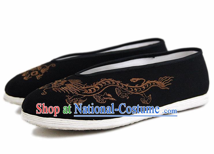 Chinese National Black Cloth Shoes Traditional Martial Arts Shoes Embroidery Golden Dragon Shoes for Men