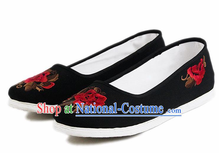 Chinese National Handmade Cloth Shoes Traditional Shoes Embroidered Red Peony Shoes for Women