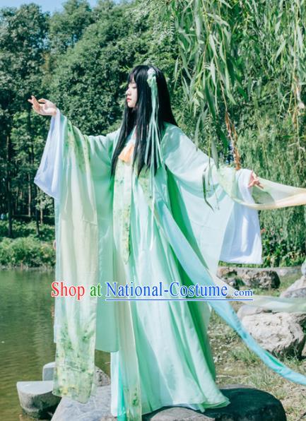 Chinese Ancient Peri Princess Green Hanfu Dress Embroidered Costumes for Women