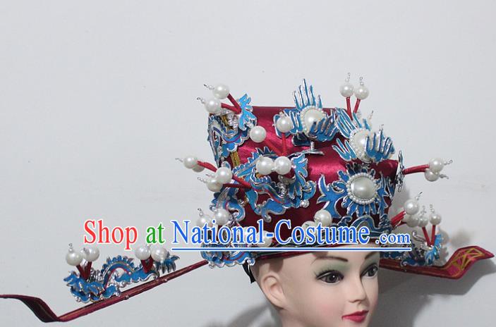 Chinese Traditional Peking Opera Prime Minister Red Hat Ancient Chancellor Headwear for Men