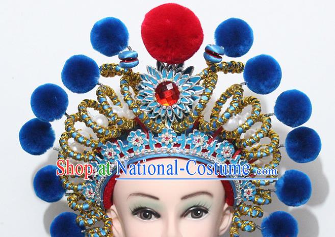 Chinese Traditional Peking Opera Blues Hair Accessories Ancient Female Warriors Blue Venonat Helmet for Women