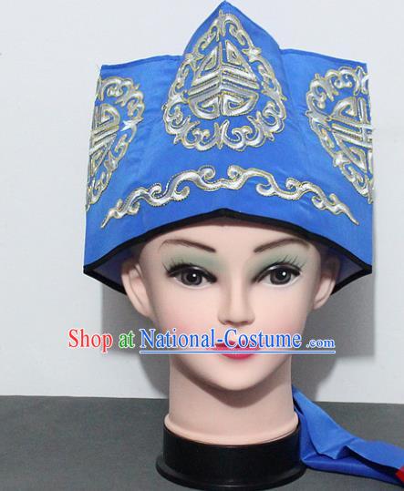 Chinese Traditional Peking Opera Old Gentleman Hat Ancient Ministry Councillor Blue Hat for Men