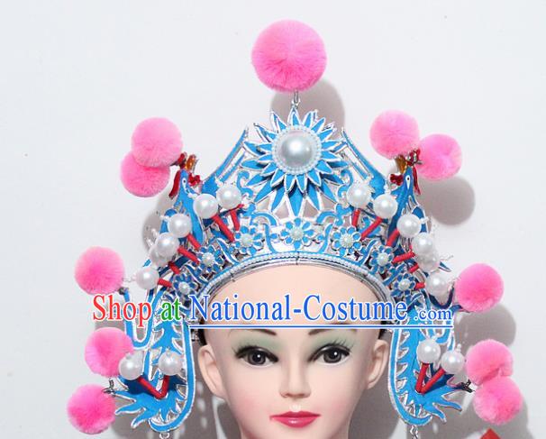 Chinese Traditional Peking Opera Blues Hair Accessories Ancient Female Warriors Pink Venonat Helmet for Women