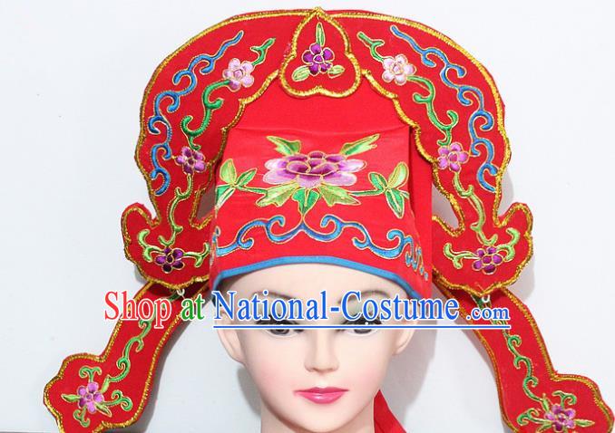 Chinese Traditional Peking Opera Niche Hats Ancient Nobility Childe Red Hat for Men