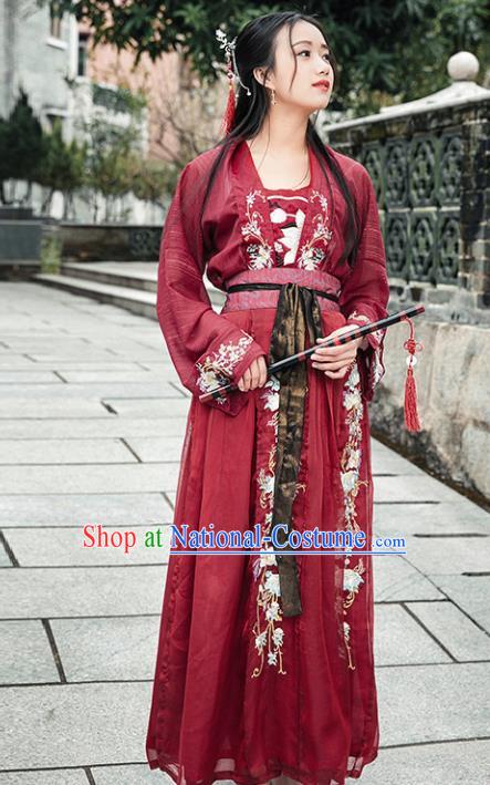 Chinese Ancient Tang Dynasty Nobility Lady Red Hanfu Dress Traditional Embroidered Costumes for Women