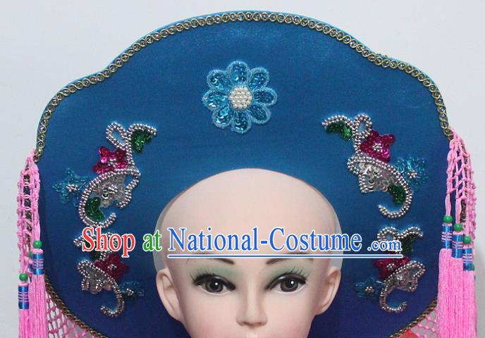 Chinese Traditional Peking Opera Fishing Female Hat Ancient Swordswoman Blue Hat for Women