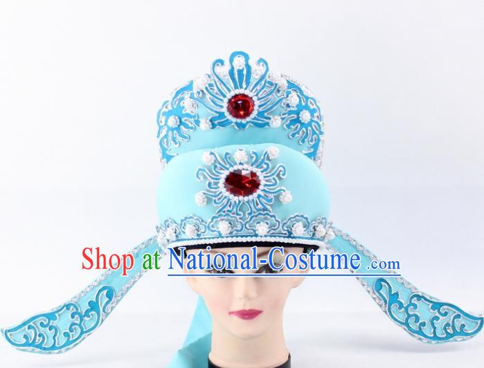 Chinese Traditional Peking Opera Niche Headwear Ancient Number One Scholar Blue Hat for Men