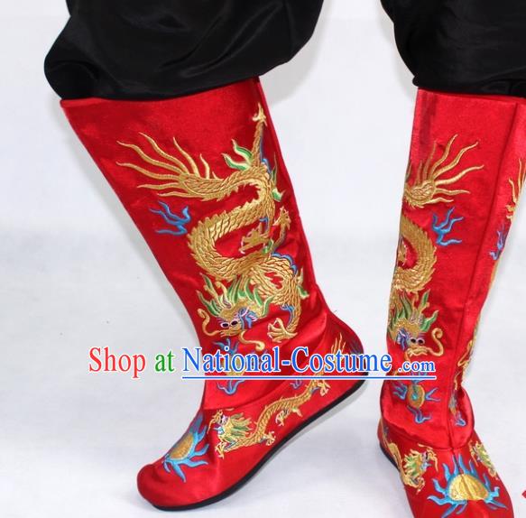 Chinese Traditional Beijing Opera Takefu Shoes Ancient Handmade Emperor Embroidered Dragons Red Boots for Men