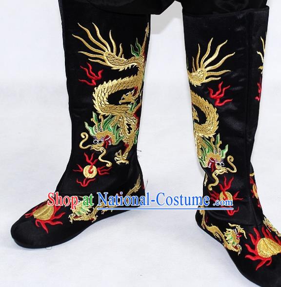 Chinese Traditional Beijing Opera Takefu Shoes Ancient Handmade Emperor Embroidered Dragons Black Boots for Men