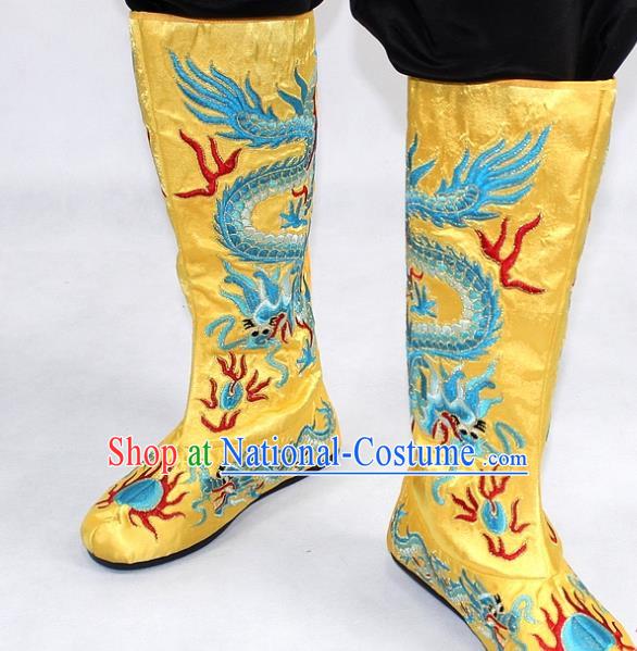 Chinese Traditional Beijing Opera Takefu Shoes Ancient Handmade Emperor Embroidered Dragons Yellow Boots for Men