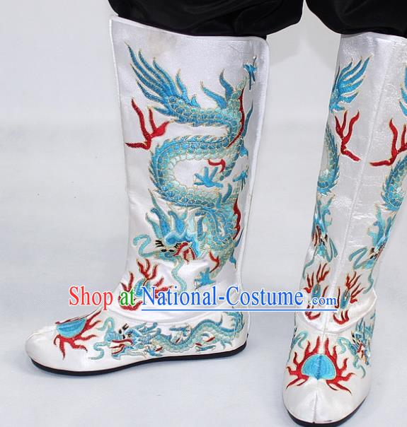 Chinese Traditional Beijing Opera Takefu Shoes Ancient Handmade Emperor Embroidered Dragons White Boots for Men