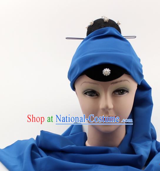 Chinese Traditional Peking Opera Pantaloon Hair Accessories Ancient Dowager Countess Blue Headcloth for Women