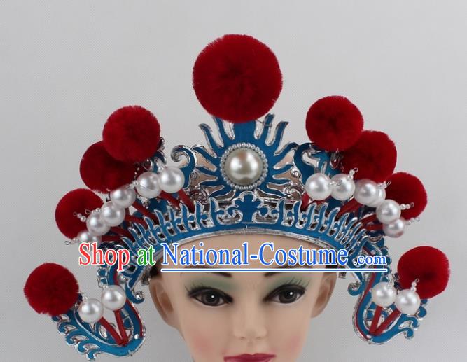 Chinese Traditional Peking Opera Blues Red Venonat Helmet Ancient Magic Warriors Hat for Women