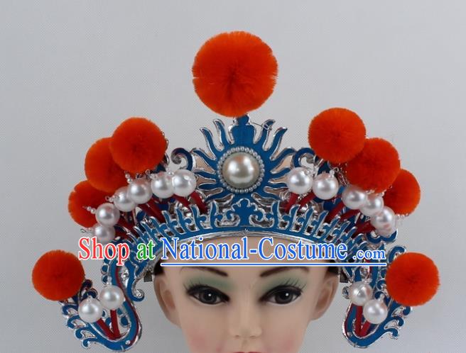 Chinese Traditional Peking Opera Blues Orange Venonat Helmet Ancient Magic Warriors Hat for Women