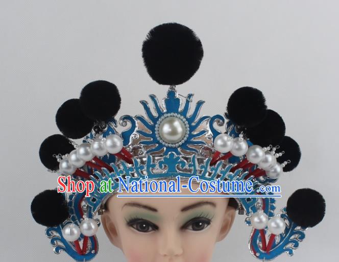 Chinese Traditional Peking Opera Blues Black Venonat Helmet Ancient Magic Warriors Hat for Women