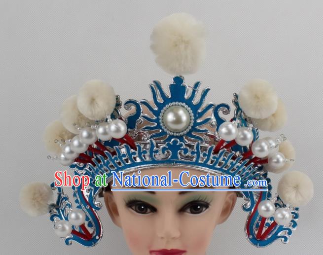 Chinese Traditional Peking Opera Blues White Venonat Helmet Ancient Magic Warriors Hat for Women