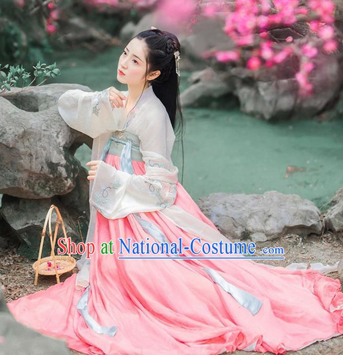 Chinese Ancient Nobility Lady Embroidered Costumes Tang Dynasty Palace Princess Pink Hanfu Dress for Women