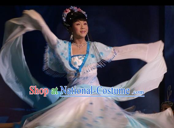 Traditional Chinese Classical Dance Embroidered Costumes Ancient Imperial Consort Blue Hanfu Dress for Women