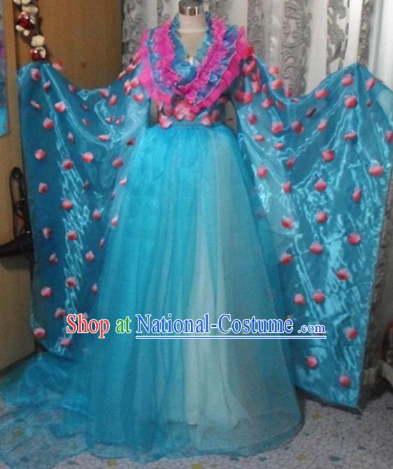 Traditional Chinese Classical Dance Embroidered Costumes Ancient Peri Blue Hanfu Dress for Women