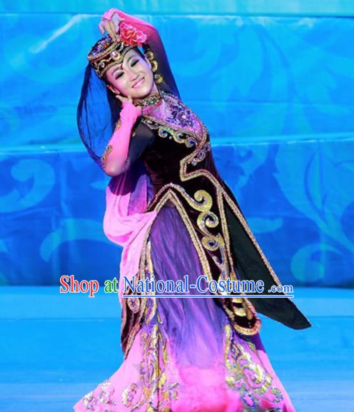 Chinese Traditional Ethnic Costumes Uyghur Minority Nationality Dance Purple Dress for Women