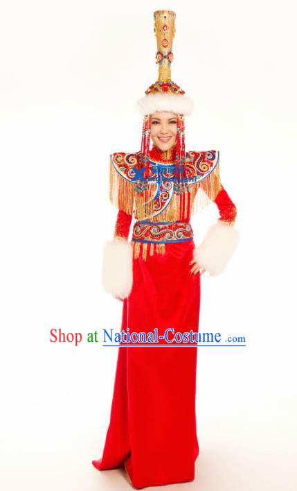 Chinese Traditional Ethnic Costumes Mongolian Minority Nationality Dance Red Dress for Women