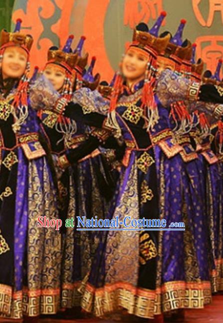 Chinese Traditional Ethnic Costumes Stage Performance Mongolian Minority Nationality Dance Purple Dress for Women