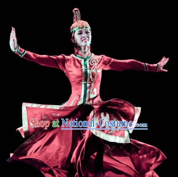 Chinese Traditional Mongol Ethnic Costumes Mongolian Minority Nationality Dance Red Dress for Women